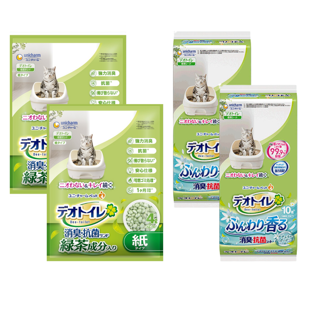 日本Unicharm 消臭大師|消臭抗菌砂盤專用套裝 - 沸石貓砂 (4L x 2包) + 清香尿墊 (10片裝 x 2包)