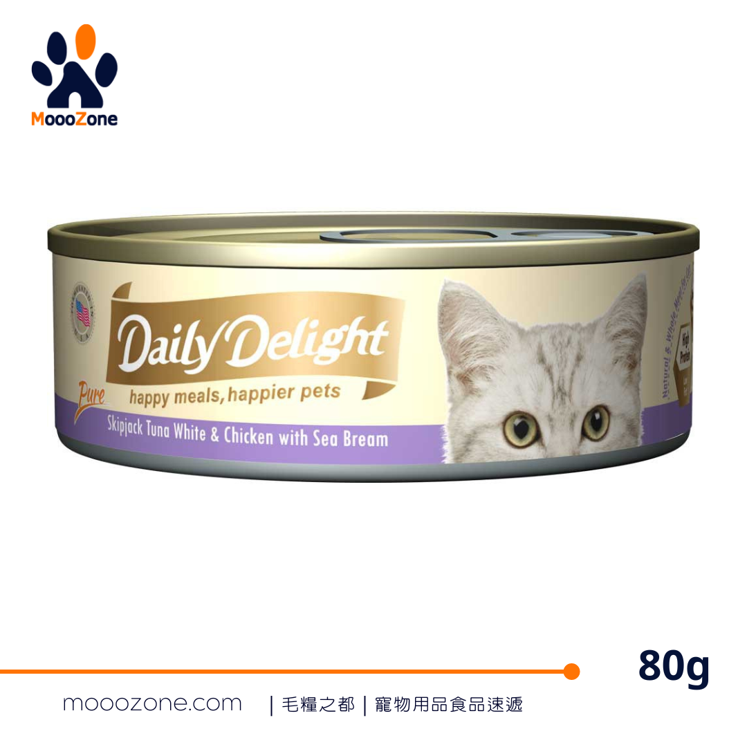 Daily Delight PURE Lysine 肉絲主食罐 80g - 白鰹吞拿魚+雞肉+海鯛魚